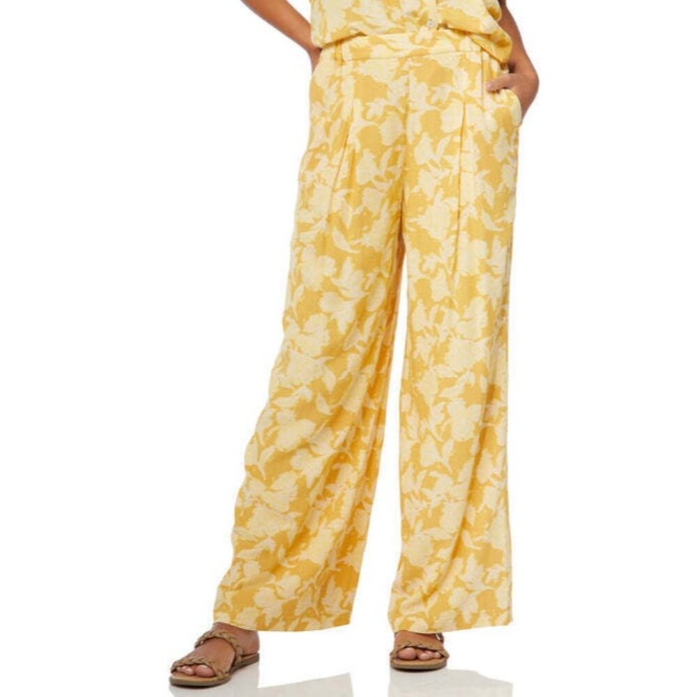 The Normal Brand Ezra Crepe Wide Leg Pants sz L Cliff Rose Print Yellow NWOT NEW